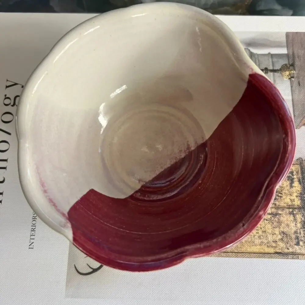 Pat Schweikert Studio Art Pottery Decorative Bowl Stoneware Ivory & Red Two Tone